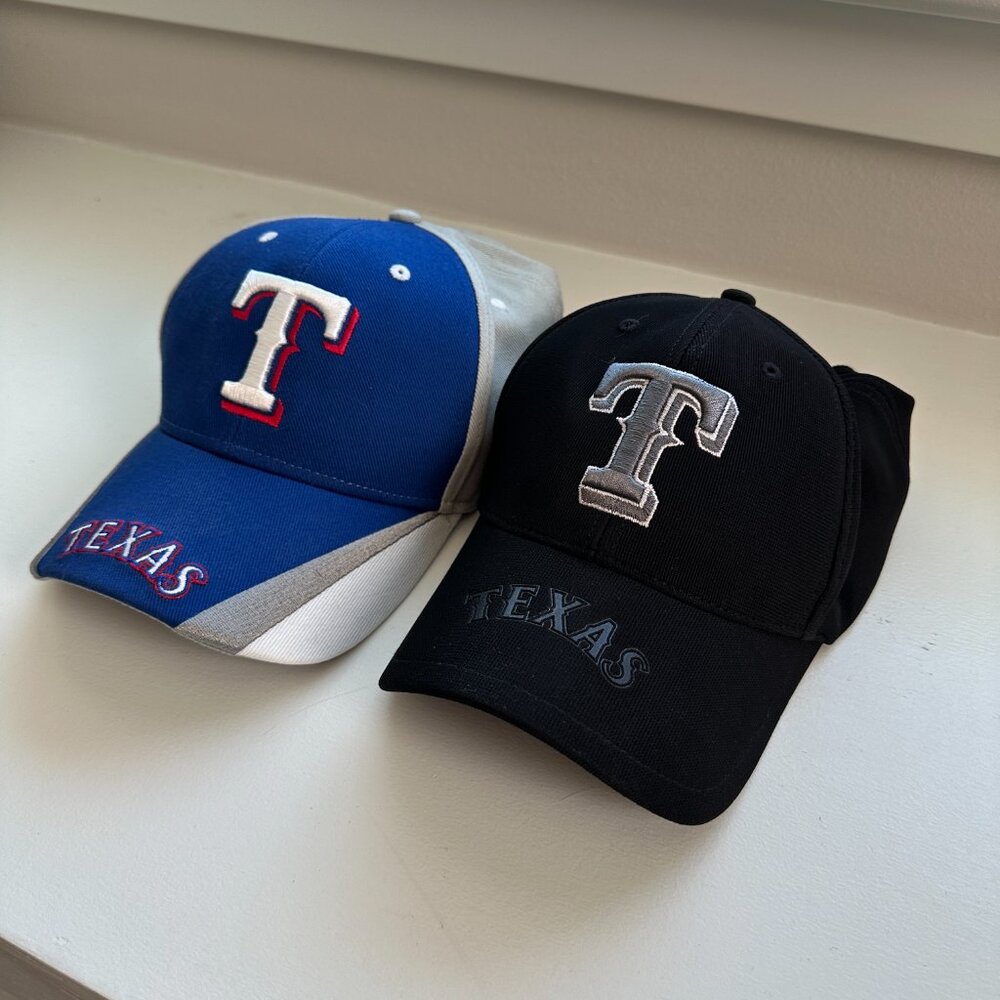 Texas Rangers Hat Bundle – ’47 Brand Black Cap & Fan Favorite Blue/Gray Cap